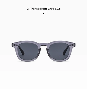 Detail view of transparent grey oval sunglasses frame and metal hinge mechanism