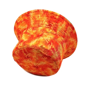 Detailed top view of tie-dye bucket hat with orange and red flame-like patterns