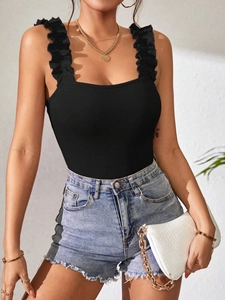 Detail of black ribbed knit bodysuit with elegant ruffled straps and square neckline