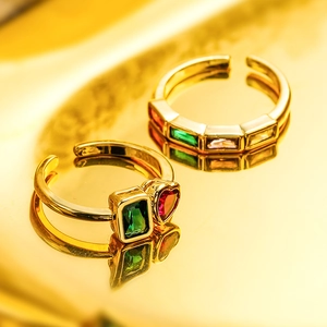 Adjustable gold open ring with colorful heart and geometric zircon stones on mirror finish