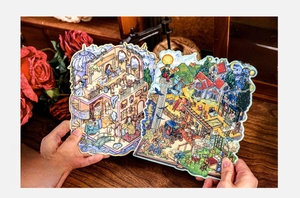 Detail view of vintage oil painting style paper stickers featuring intricate interior scenes