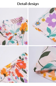 Detail design of short sleeve pajama set with colorful floral pattern and notch lapel