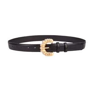 Minimalist black leather belt for women featuring a wavy gold C-shape metal buckle