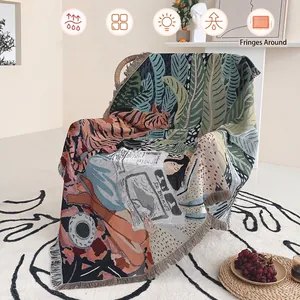 Bohemian Cotton Woven Throw Blanket Jacquard Tropical Tiger Illustration Sofa Bed Camping Rug Wall Tapestry Fringes