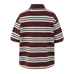 Macro detail of wine red striped knit polo shirt featuring navy and white horizontal lines