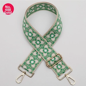 Close-up of green geometric jacquard wide shoulder strap with gold metal hooks