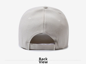 Detailed back view of a beige cotton baseball cap with adjustable strap and stitching