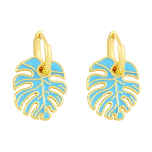 Bohemian gold monstera leaf drop earrings with light blue enamel finish for women