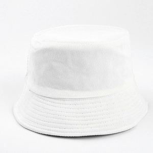 Close-up of white corduroy bucket hat texture with fine vertical stripes and clean edges