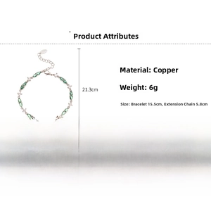 Detailed view of teardrop emerald bracelet in copper with adjustable chain length