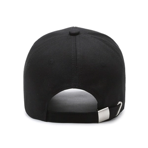 Rear view of black distressed cotton baseball cap with adjustable metal buckle strap