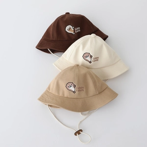 Infant Baby Bucket Hat Cotton Breathable Mesh Lining Cute Otter Embroidered Sun Protection With Adjustable Chin Strap