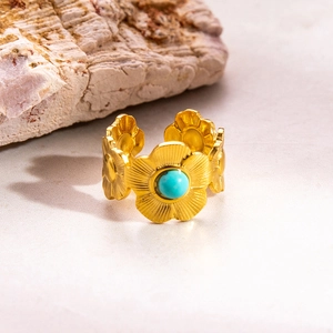 Bague vintage en acier inoxydable plaqué or 18 carats avec fleur et turquoise