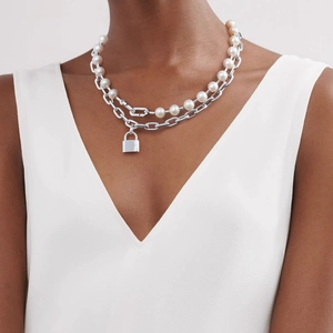 Women Double Layer Artificial Pearl Necklace With Padlock Pendant Vintage Alloy Gold Silver Plated Industrial Style Jewelry Gift