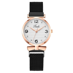 Elegant women's watch featuring a rose gold bow design and black magnetic mesh strap.