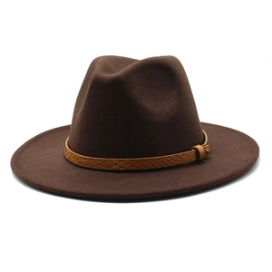 Close-up of brown wool felt fedora hat featuring a stylish snake-patterned leather band