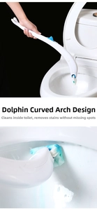 Macro view of a curved bow-shaped disposable toilet brush cleaning the inner rim area