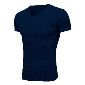 Close-up of men's slim fit V-neck T-shirt in navy blue with ribbed texture fabric