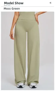 Vue détaillée du pantalon de sport vert mousse à taille haute et jambe large pour femme
