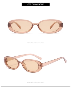 Detailed front and side views of oval champagne sunglasses with light yellow lenses