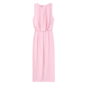 Detail of the pink sleeveless midi dress showing the soft pleated texture and fabric