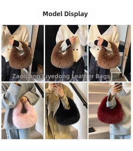 Collage of plush faux fur handbags in brown, pink, black, and red for autumn winter style