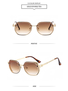 Detailed front and side views of gold polygonal sunglasses with gradient tea lenses