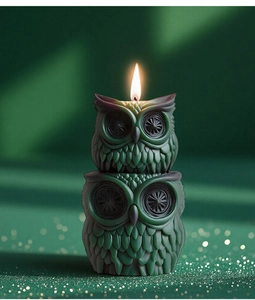Detalle de velas de búho verdes apiladas con texturas de plumas y una mecha encendida
