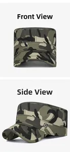 Front and side view of tactical camouflage military flat top cap with metal square badge