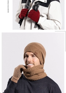 Detail of winter knit set featuring touchscreen gloves with anti-slip palm patterns