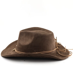 Detail of dark brown suede cowboy hat featuring leather cord and silver feather pendant