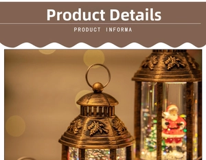 Detail of vintage bronze Christmas lantern with Santa Claus and sparkling snow scene