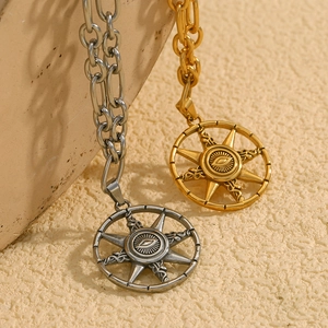 18K gold plated stainless steel compass pendant necklace with evil eye design
