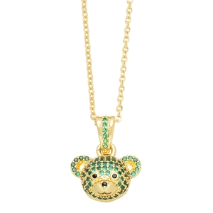 Cute teddy bear pendant necklace with sparkling green cubic zirconia in gold plating