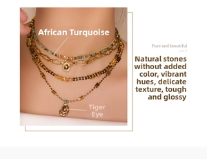 Close-up of layered tiger eye stone necklace with turquoise beads and gold steel charms