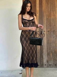 Robe Midi À Dentelle Pour Femmes Vintage Français Coupe Ajustée Bretelles Spaghetti Ourlet À Volants Soirée Élégante