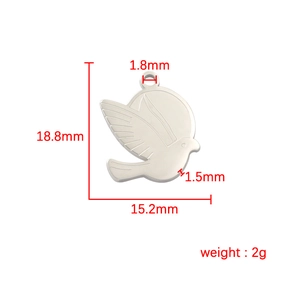 Polished stainless steel peace dove bird pendant charm with detailed size measurements