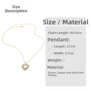 Detailed view of heart pendant with zirconia borders and 45+5cm gold plated chain