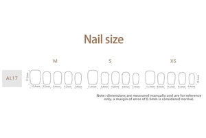 Detailed size chart for mocha brown press-on nails showing M, S, and XS measurements
