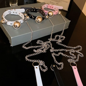Gothic PU Leather Choker Necklace With Bell Metal Chain Leash Punk Style For Women Cosplay