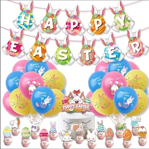 Easter party decoration set with multi-color bunny balloons and Happy Easter banners