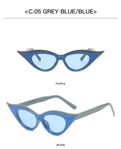 Macro view of grey blue cat eye sunglasses with sharp angular frame design