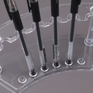 Clear acrylic arc-shaped pen holder with six slots for stationery and cosmetic display