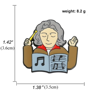 Detailed size view of Beethoven enamel pin with music notes showing 3.6cm height and 8.2g weight