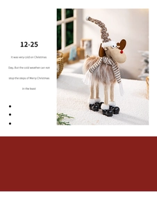 Macro detail of plush Christmas reindeer ornament with knitted scarf and snow pattern hat