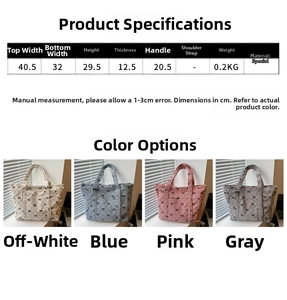 Detailed size specifications and material chart for the quilted bow embroidered tote bag