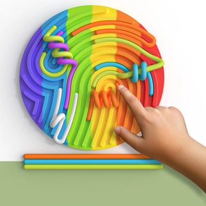 Close-up of a child's hand interacting with a colorful silicone sensory activity board