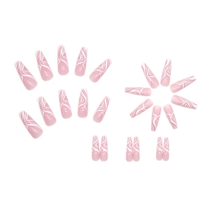 Long ballerina press-on nails with pale pink base and white marble wave patterns