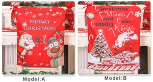 Detail showing two red Christmas chair covers with Santa Claus and Gnome holiday patterns