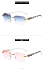 Detail view of rimless gradient sunglasses in grey-blue and pink with gold metal accents